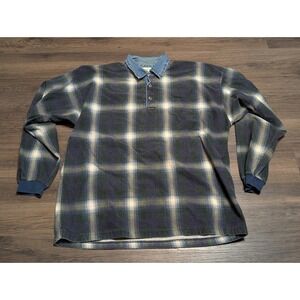Vintage Structure Active Wear Plaid Rugby Shirt XL Blue Green Denim Collar USA
